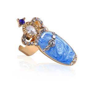 Blue Enamel  & Diamonds Adjustable Charm Finger Nail Art Ring SKU0275